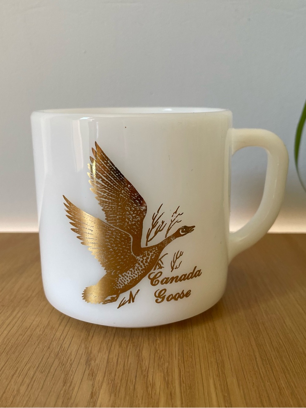 Vintage MCM Federal Glass Canada Goose Gold Duck White Milk Glass Mug 1960s